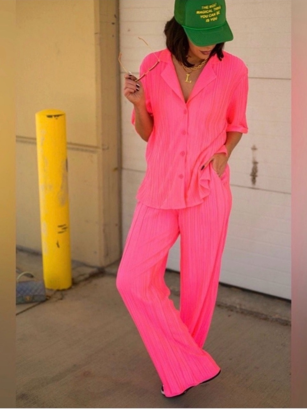 Dressed in LALA the World is Yours Electric Pink Plisse Loungewear Set NEW NWT